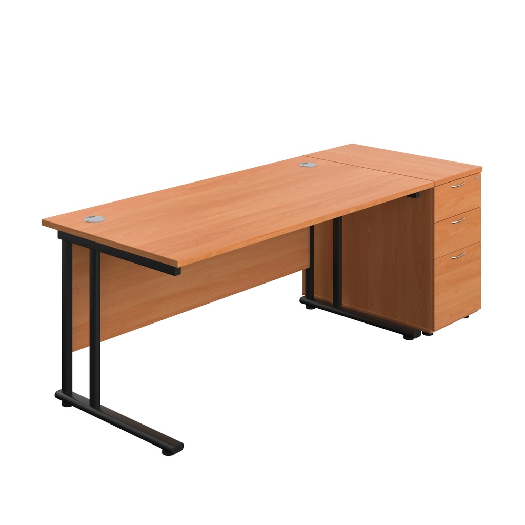 Twin Upright Rectangular Desk + Desk High 3 Drawer Pedestal (FSC) | 1600X800 | Beech/Black | 