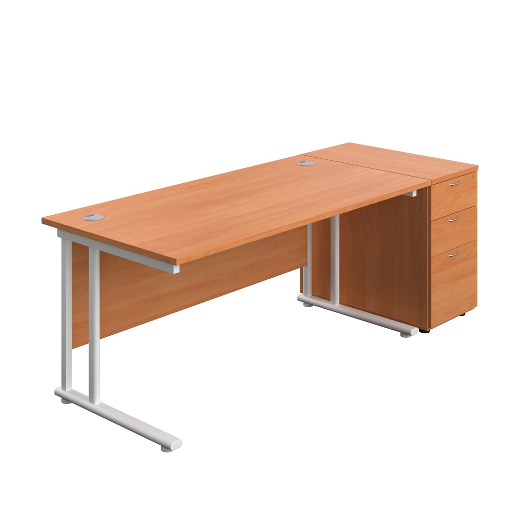 Twin Upright Rectangular Desk + Desk High 3 Drawer Pedestal (FSC) | 1600X800 | Beech/White | 