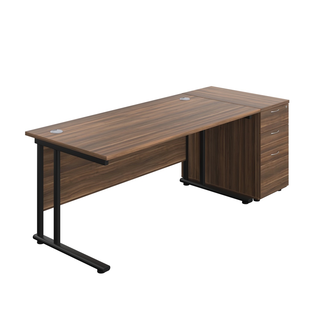 Twin Upright Rectangular Desk + Desk High 3 Drawer Pedestal (FSC) | 1600X800 | Dark Walnut/Black | 