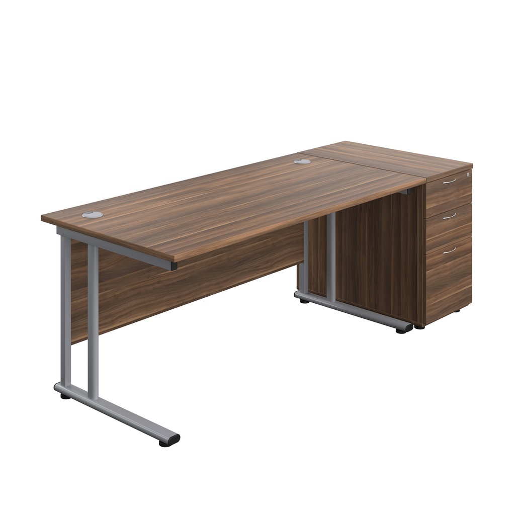 Twin Upright Rectangular Desk + Desk High 3 Drawer Pedestal (FSC) | 1600X800 | Dark Walnut/Silver | 