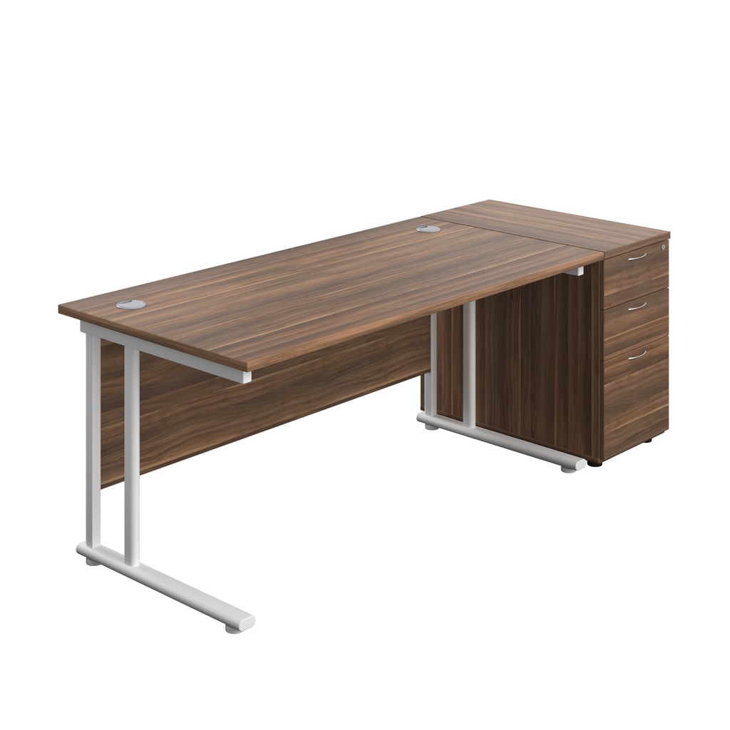 Twin Upright Rectangular Desk + Desk High 3 Drawer Pedestal (FSC) | 1600X800 | Dark Walnut/White | 