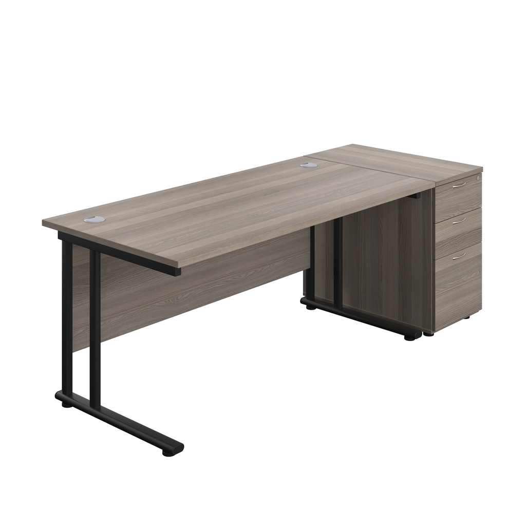 Twin Upright Rectangular Desk + Desk High 3 Drawer Pedestal (FSC) | 1600X800 | Grey Oak/Black | 