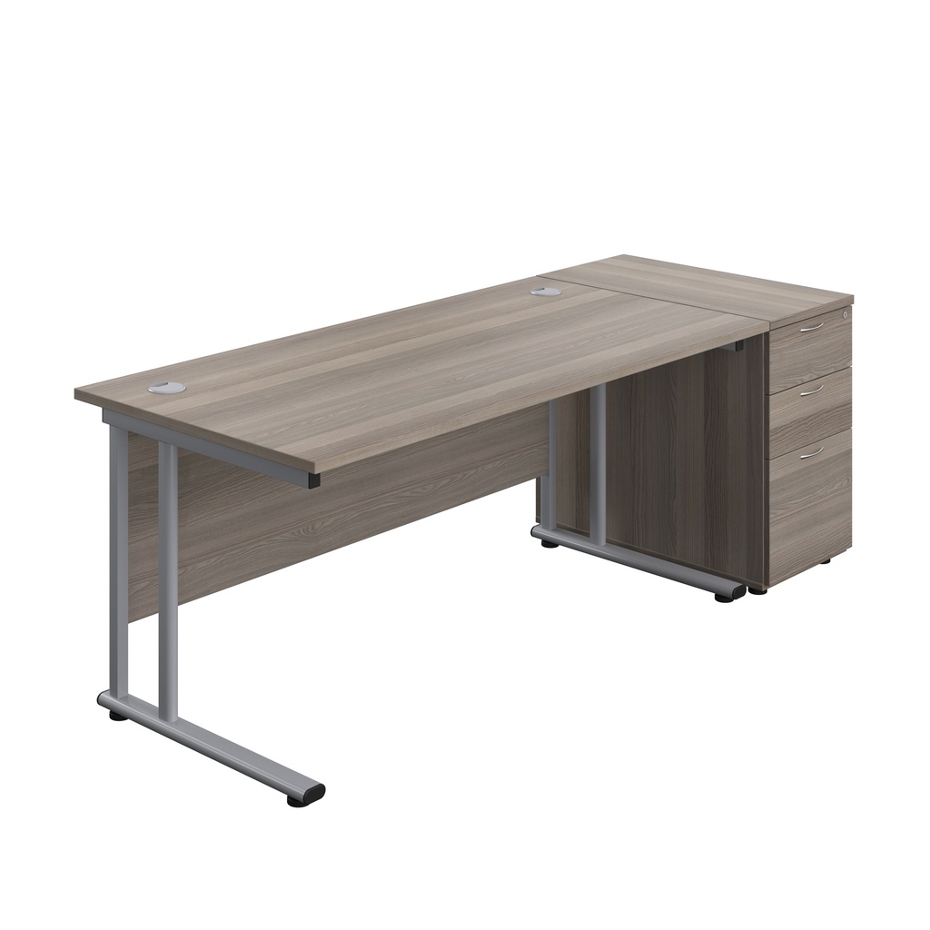 Twin Upright Rectangular Desk + Desk High 3 Drawer Pedestal (FSC) | 1600X800 | Grey Oak/Silver | 