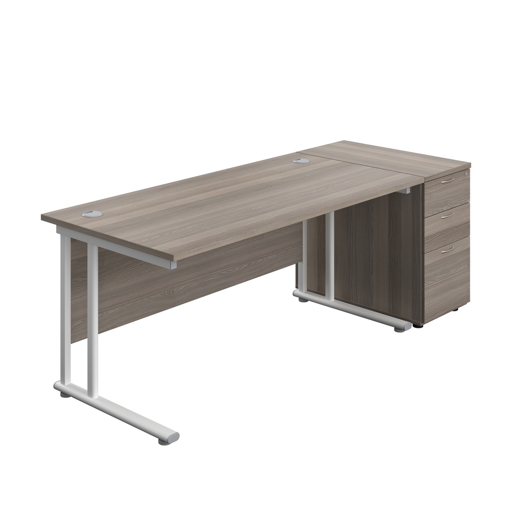 Twin Upright Rectangular Desk + Desk High 3 Drawer Pedestal (FSC) | 1600X800 | Grey Oak/White | 
