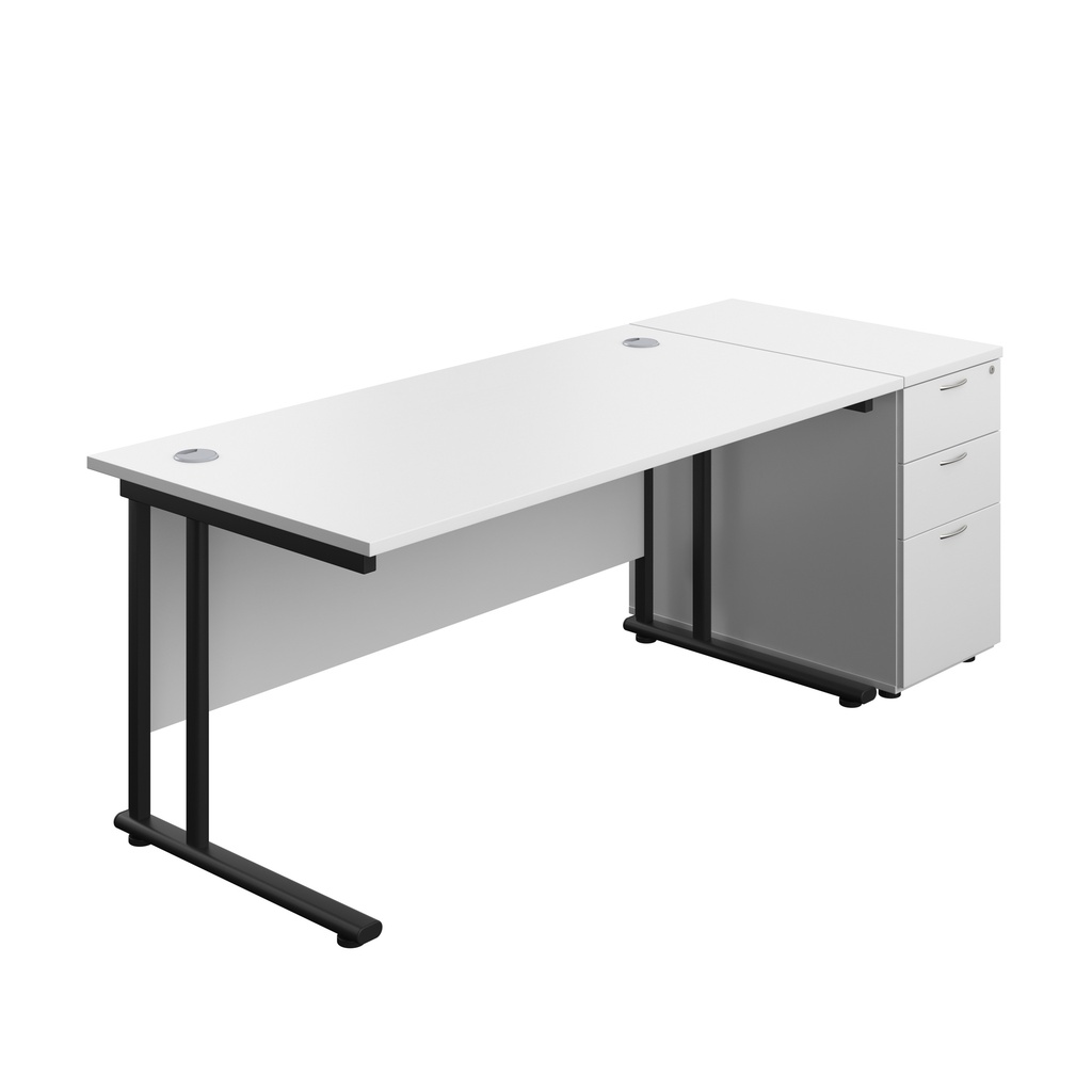Twin Upright Rectangular Desk + Desk High 3 Drawer Pedestal (FSC) | 1600X800 | White/Black | 