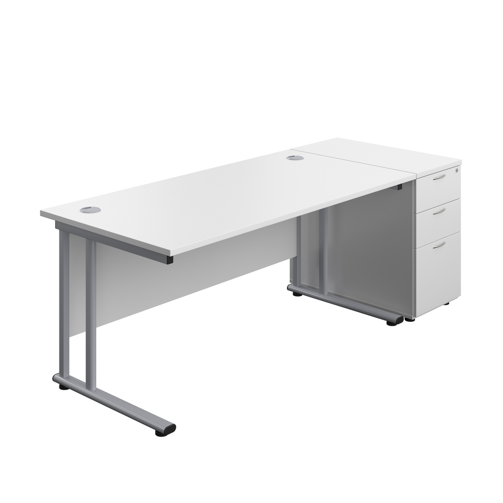 Twin Upright Rectangular Desk + Desk High 3 Drawer Pedestal (FSC) | 1600X800 | White/Silver | 