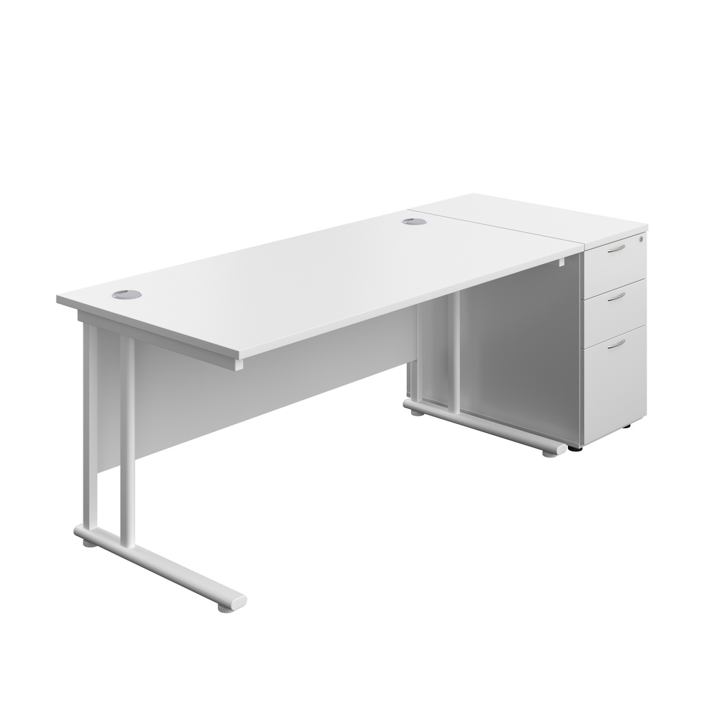 Twin Upright Rectangular Desk + Desk High 3 Drawer Pedestal (FSC) | 1600X800 | White/White | 