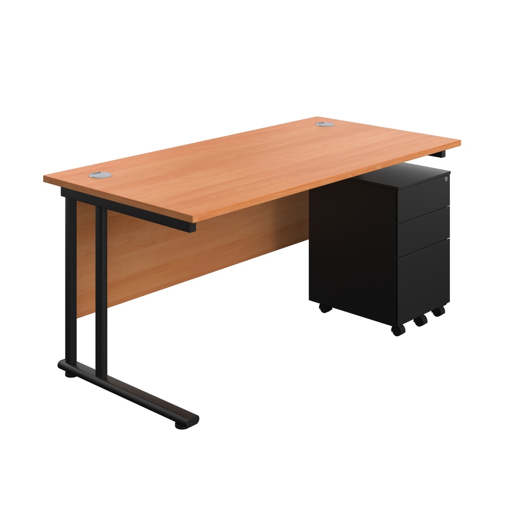 Twin Upright Rectangular Desk + Under Desk Steel Pedestal 3 Drawers (FSC) | 1600X800 | Beech/Black | 