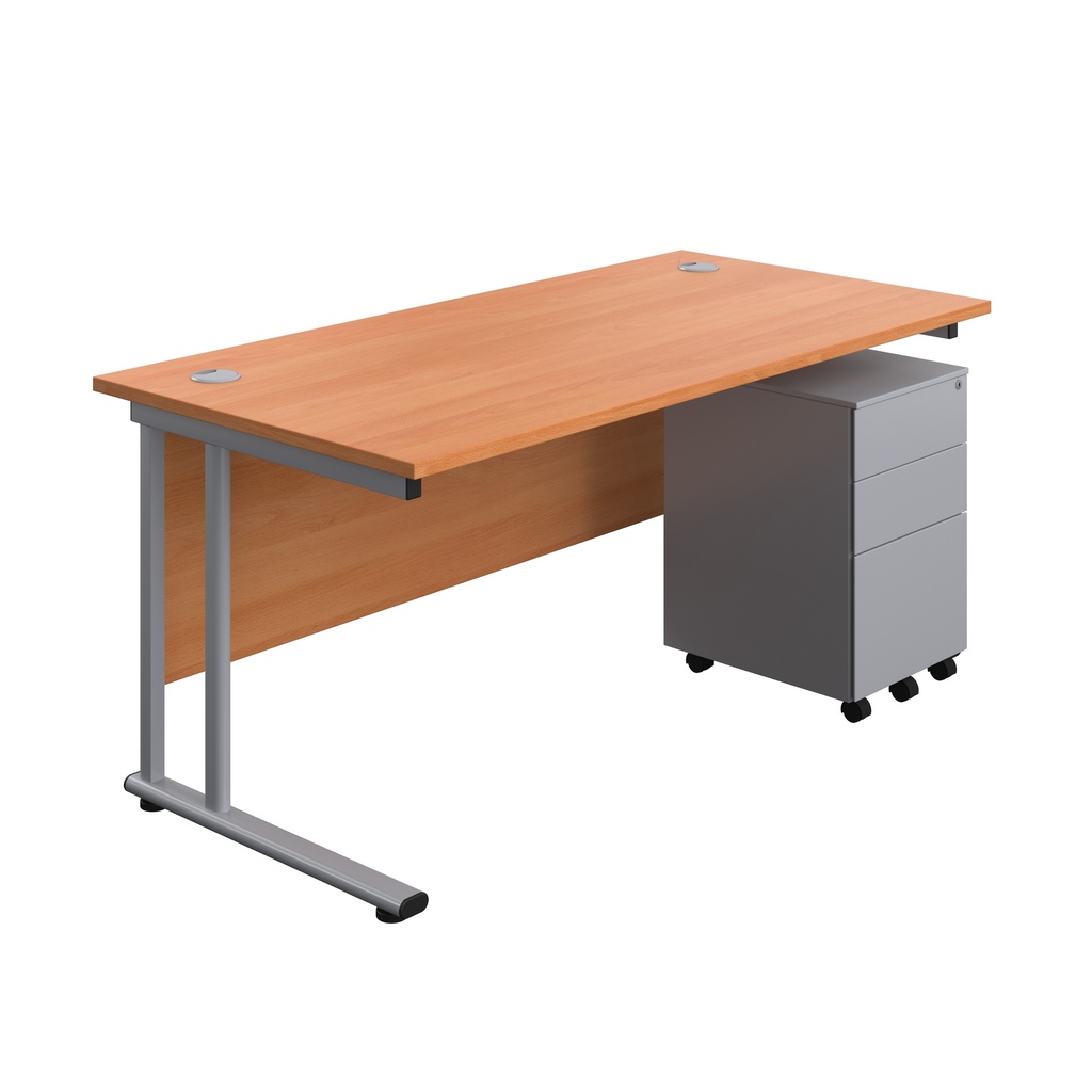 Twin Upright Rectangular Desk + Under Desk Steel Pedestal 3 Drawers (FSC) | 1600X800 | Beech/Silver | 