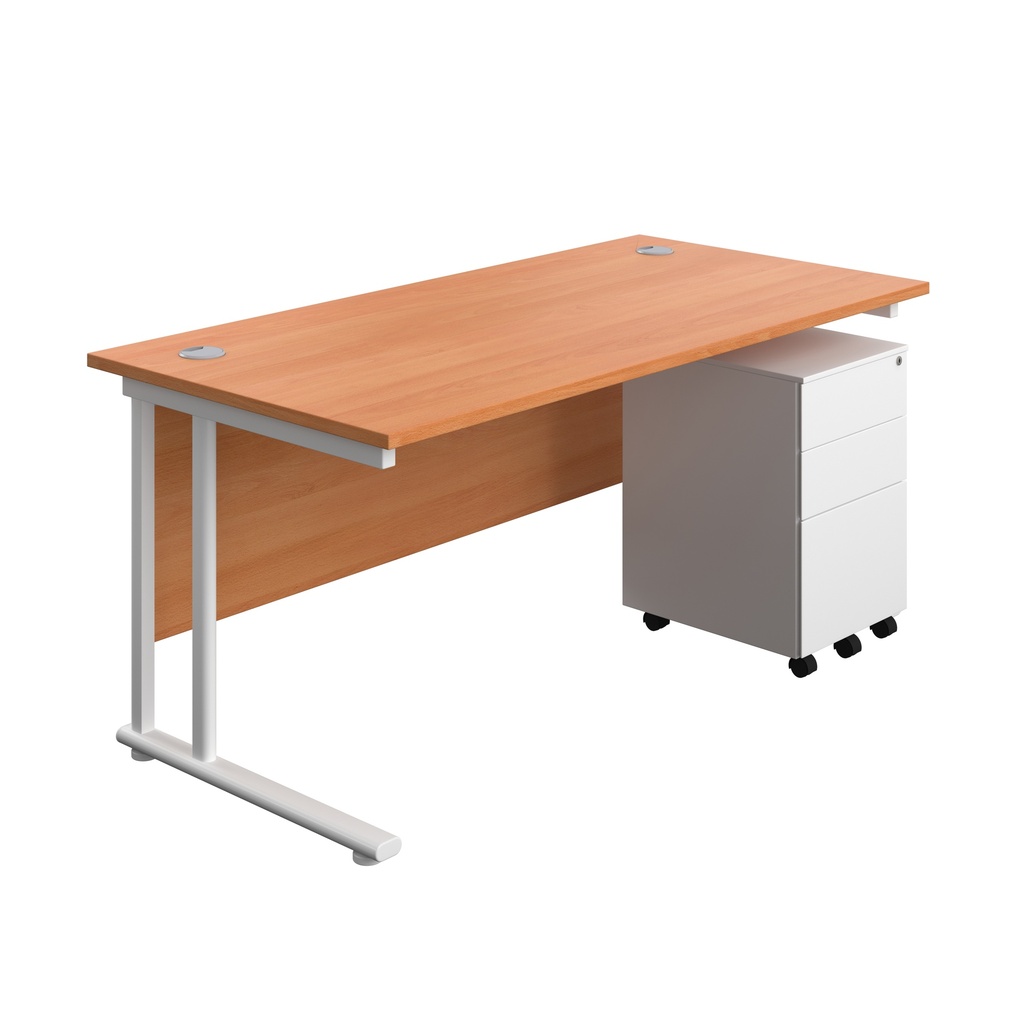Twin Upright Rectangular Desk + Under Desk Steel Pedestal 3 Drawers (FSC) | 1600X800 | Beech/White | 