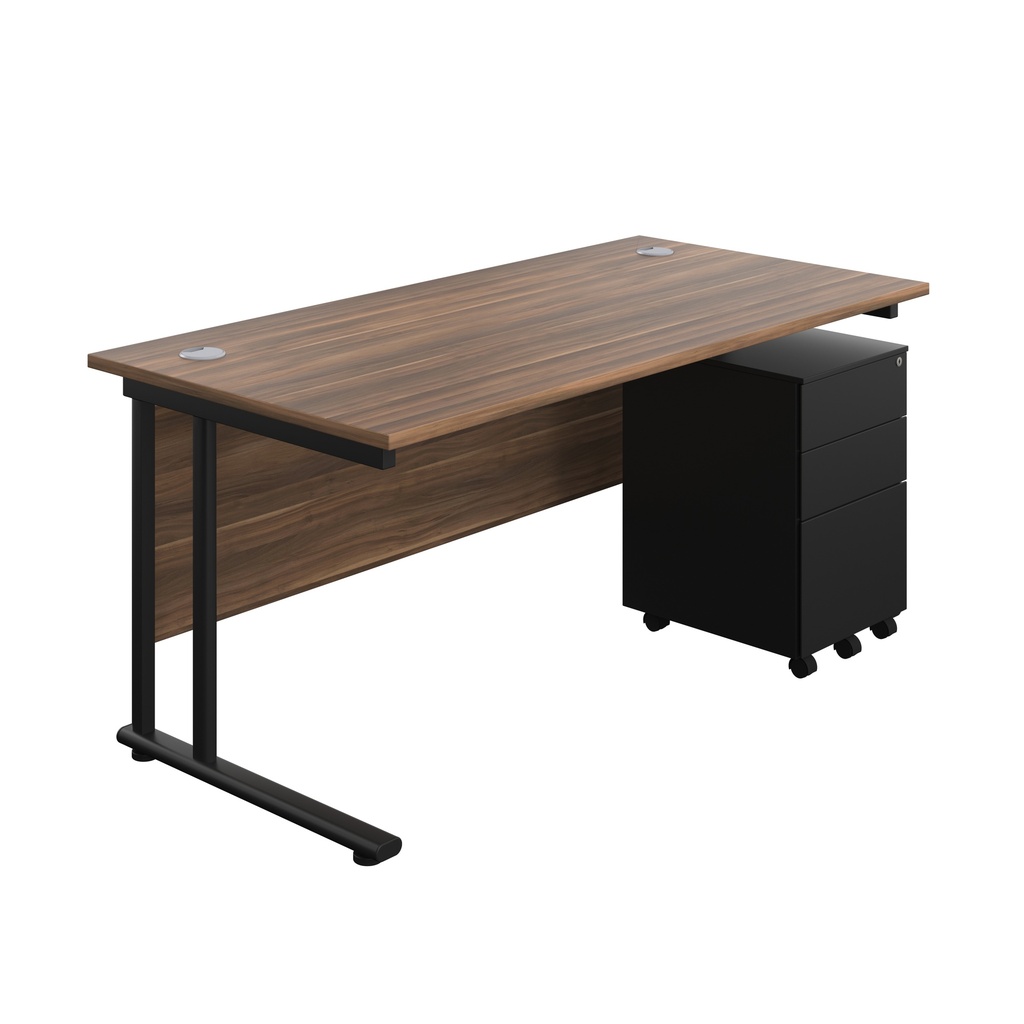Twin Upright Rectangular Desk + Under Desk Steel Pedestal 3 Drawers (FSC) | 1600X800 | Dark Walnut/Black | 