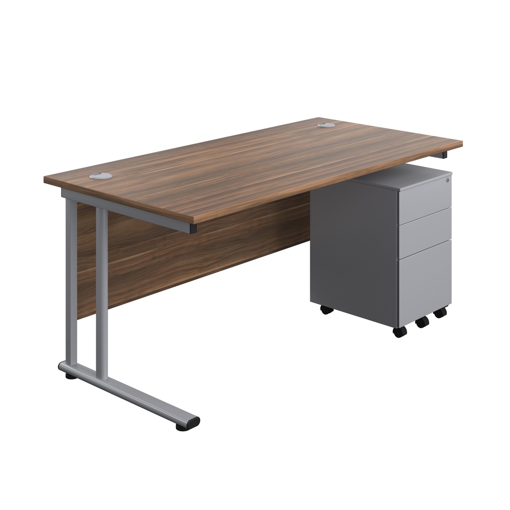 Twin Upright Rectangular Desk + Under Desk Steel Pedestal 3 Drawers (FSC) | 1600X800 | Dark Walnut/Silver | 