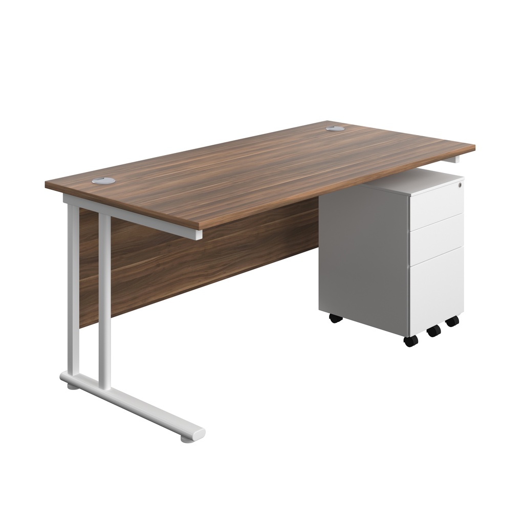 Twin Upright Rectangular Desk + Under Desk Steel Pedestal 3 Drawers (FSC) | 1600X800 | Dark Walnut/White | 