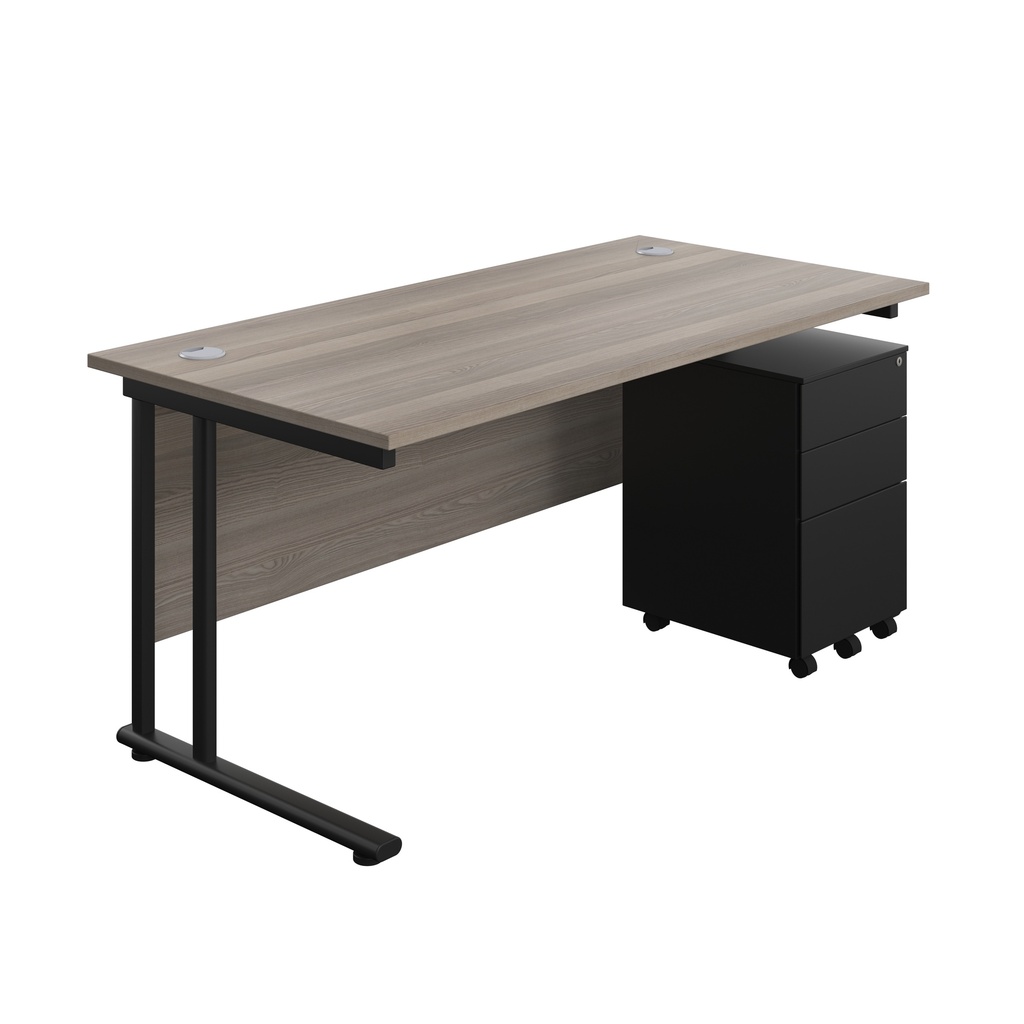 Twin Upright Rectangular Desk + Under Desk Steel Pedestal 3 Drawers (FSC) | 1600X800 | Grey Oak/Black | 