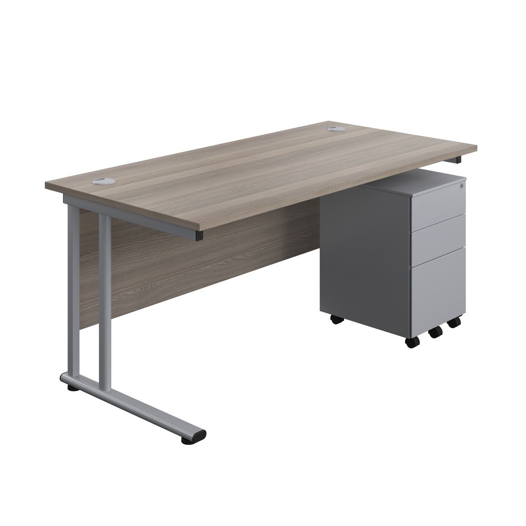 Twin Upright Rectangular Desk + Under Desk Steel Pedestal 3 Drawers (FSC) | 1600X800 | Grey Oak/Silver | 