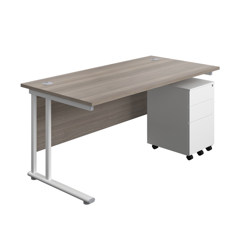 Twin Upright Rectangular Desk + Under Desk Steel Pedestal 3 Drawers (FSC) | 1600X800 | Grey Oak/White | 