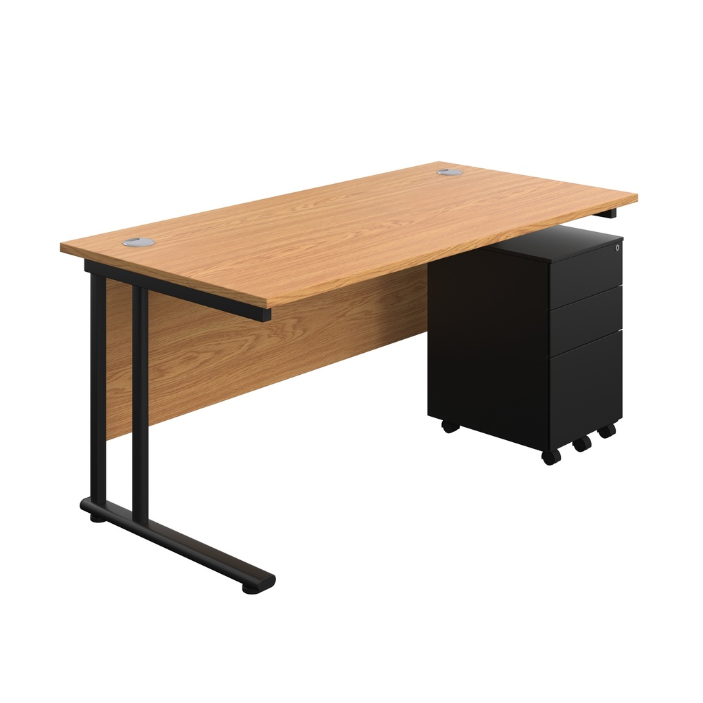 Twin Upright Rectangular Desk + Under Desk Steel Pedestal 3 Drawers (FSC) | 1600X800 | Nova Oak/Black | 