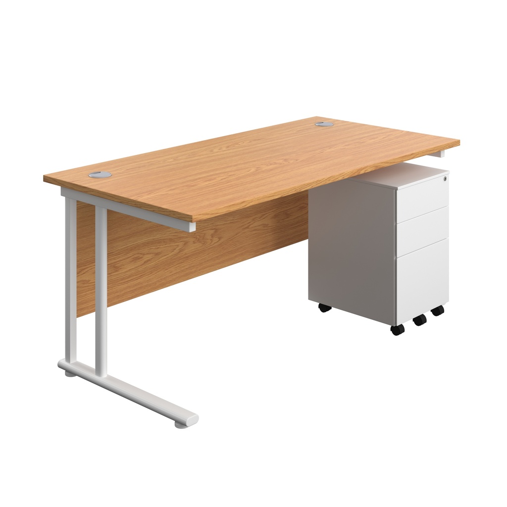 Twin Upright Rectangular Desk + Under Desk Steel Pedestal 3 Drawers (FSC) | 1600X800 | Nova Oak/White | 