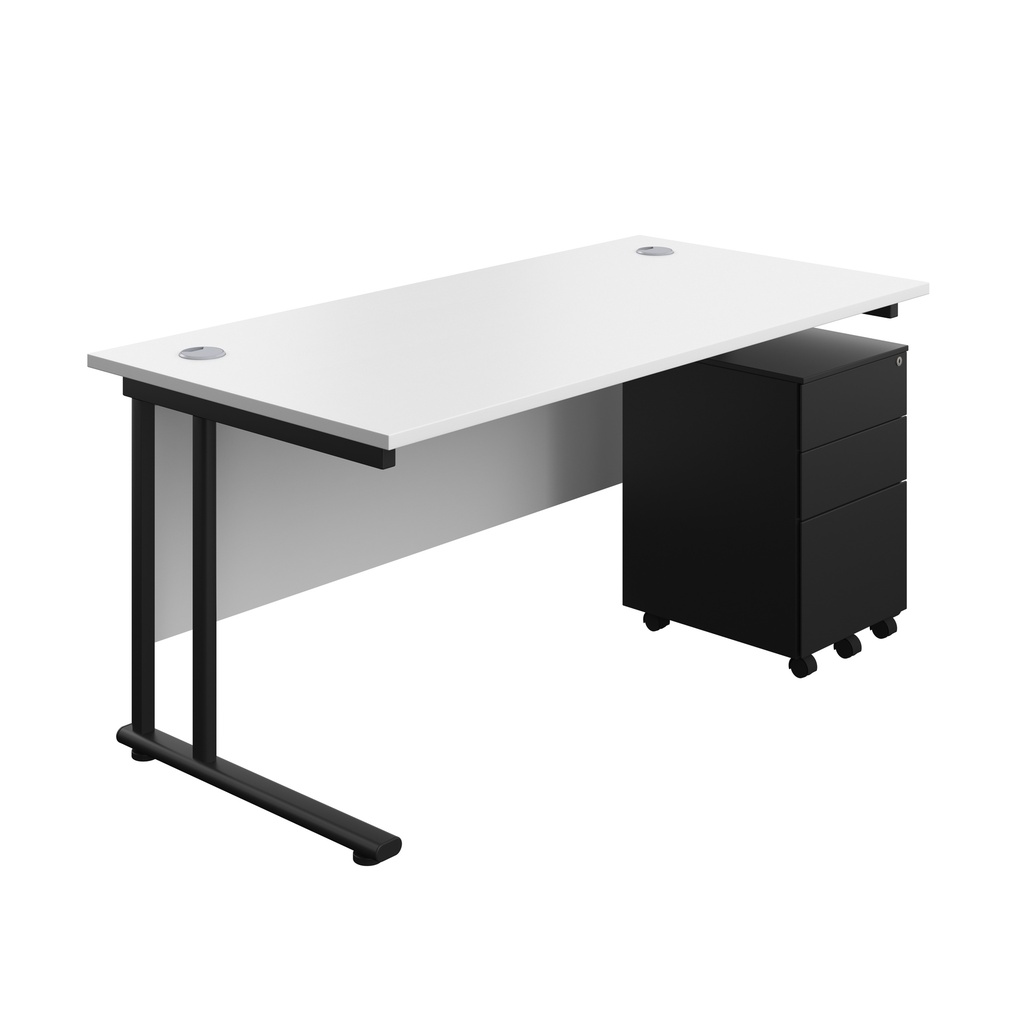 Twin Upright Rectangular Desk + Under Desk Steel Pedestal 3 Drawers (FSC) | 1600X800 | White/Black | 