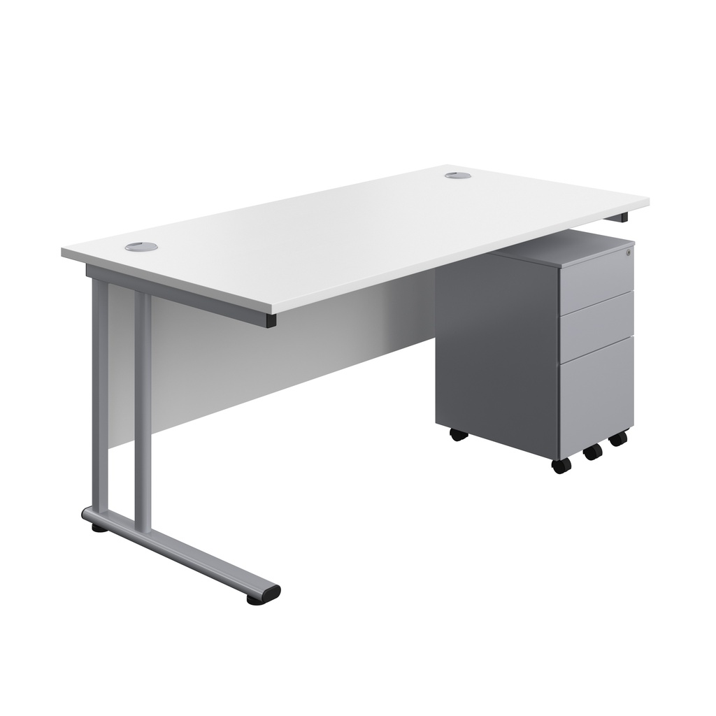 Twin Upright Rectangular Desk + Under Desk Steel Pedestal 3 Drawers (FSC) | 1600X800 | White/Silver | 