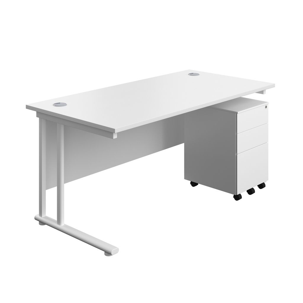 Twin Upright Rectangular Desk + Under Desk Steel Pedestal 3 Drawers (FSC) | 1600X800 | White/White | 