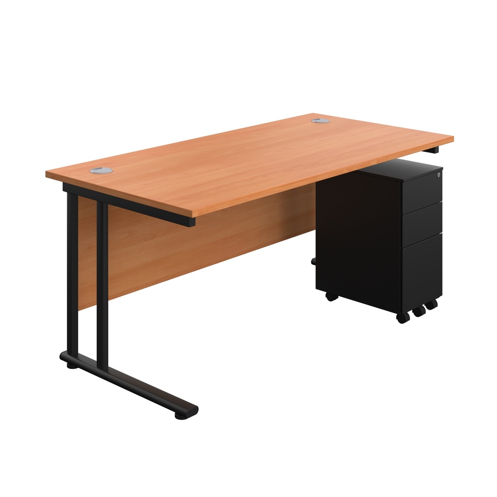 Twin Upright Rectangular Desk + Slimline Steel Pedestal 3 Drawers (FSC) | 1600X800 | Beech/Black | 