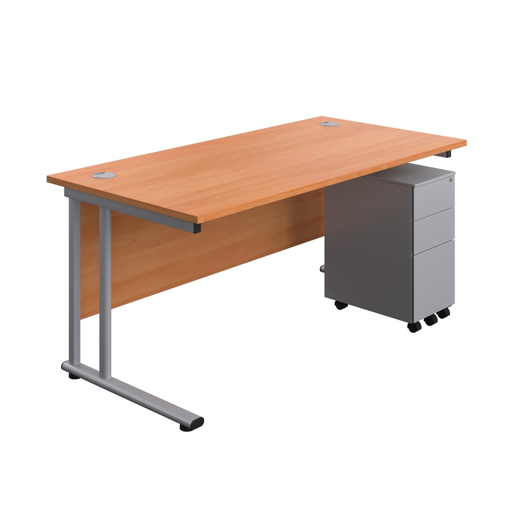Twin Upright Rectangular Desk + Slimline Steel Pedestal 3 Drawers (FSC) | 1600X800 | Beech/Silver | 