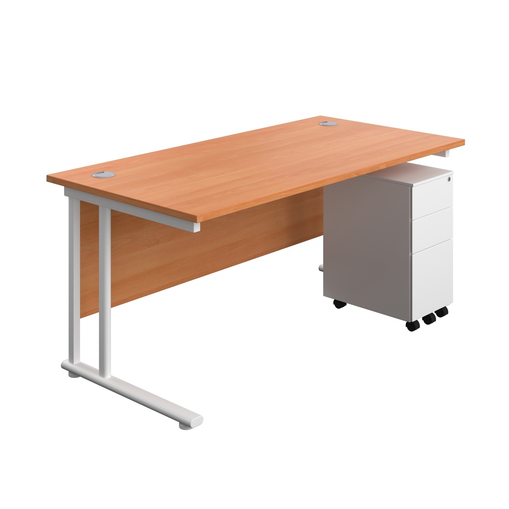 Twin Upright Rectangular Desk + Slimline Steel Pedestal 3 Drawers (FSC) | 1600X800 | Beech/White | 