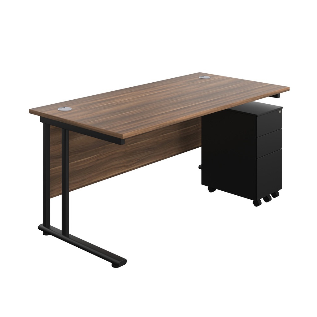 Twin Upright Rectangular Desk + Slimline Steel Pedestal 3 Drawers (FSC) | 1600X800 | Dark Walnut/Black | 