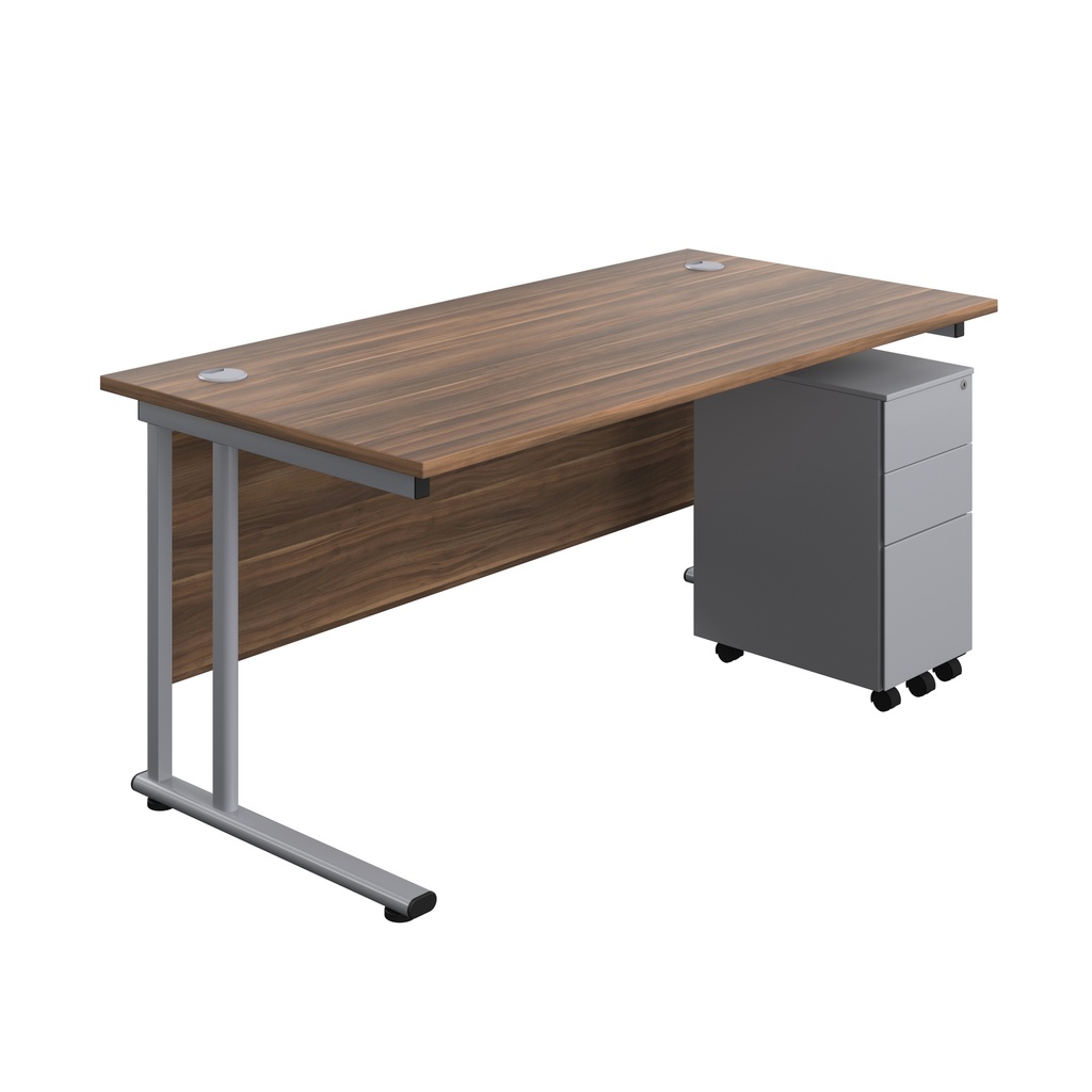 Twin Upright Rectangular Desk + Slimline Steel Pedestal 3 Drawers (FSC) | 1600X800 | Dark Walnut/Silver | 
