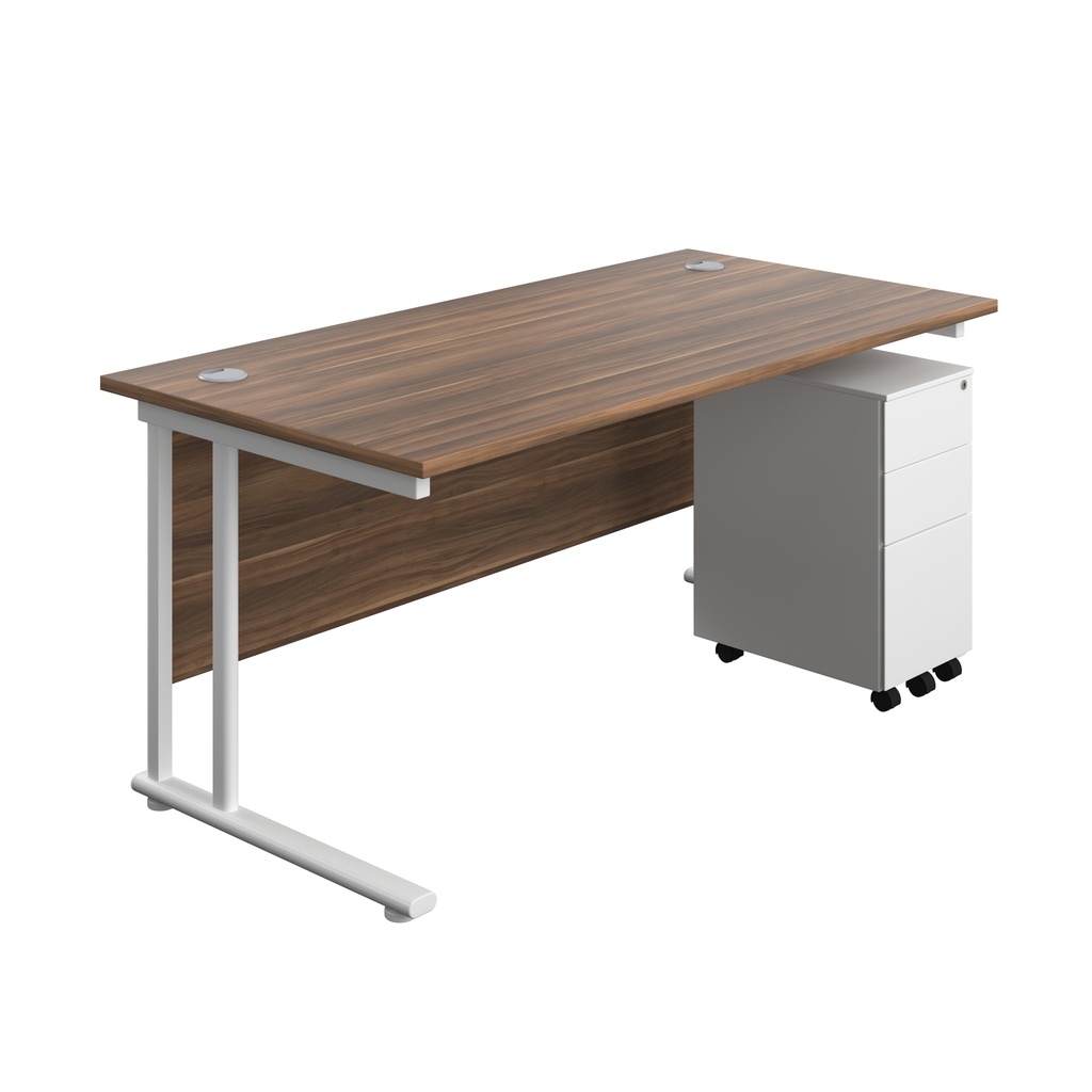 Twin Upright Rectangular Desk + Slimline Steel Pedestal 3 Drawers (FSC) | 1600X800 | Dark Walnut/White | 