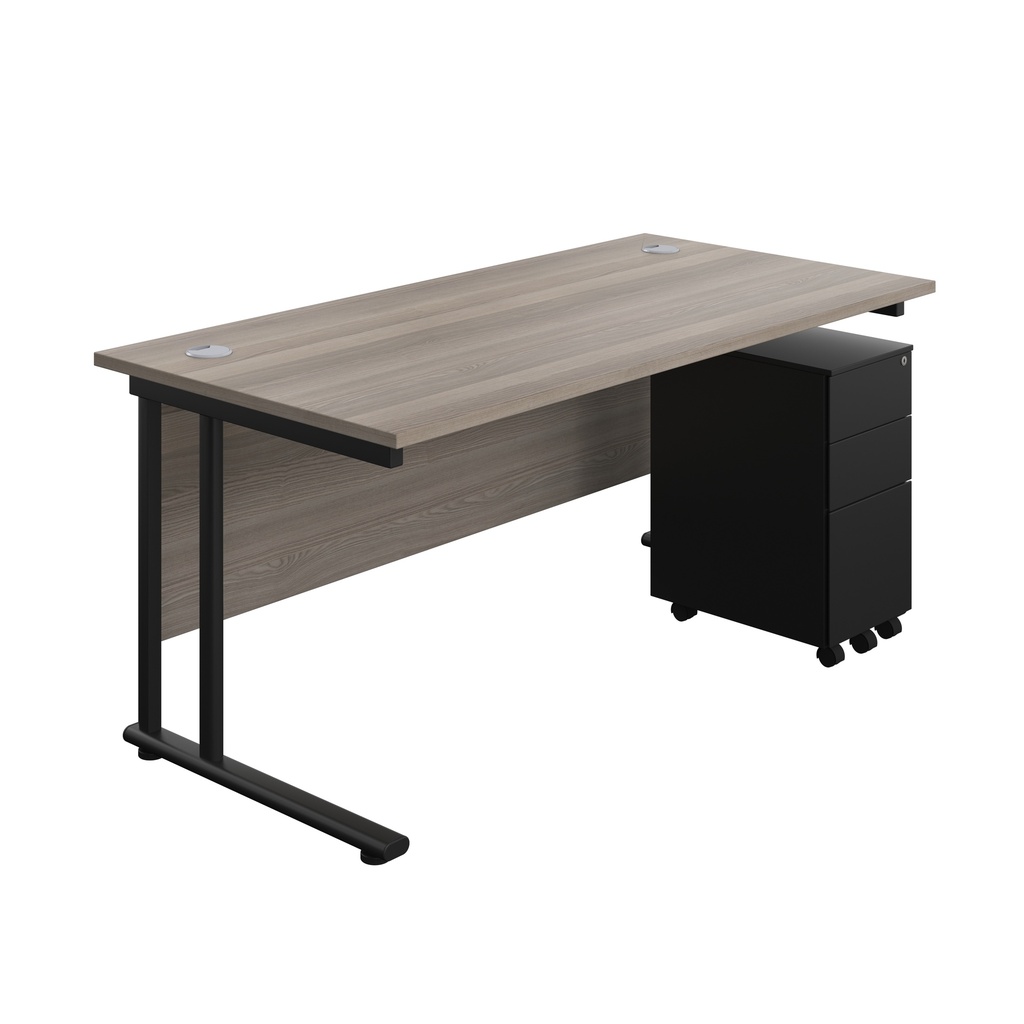 Twin Upright Rectangular Desk + Slimline Steel Pedestal 3 Drawers (FSC) | 1600X800 | Grey Oak/Black | 