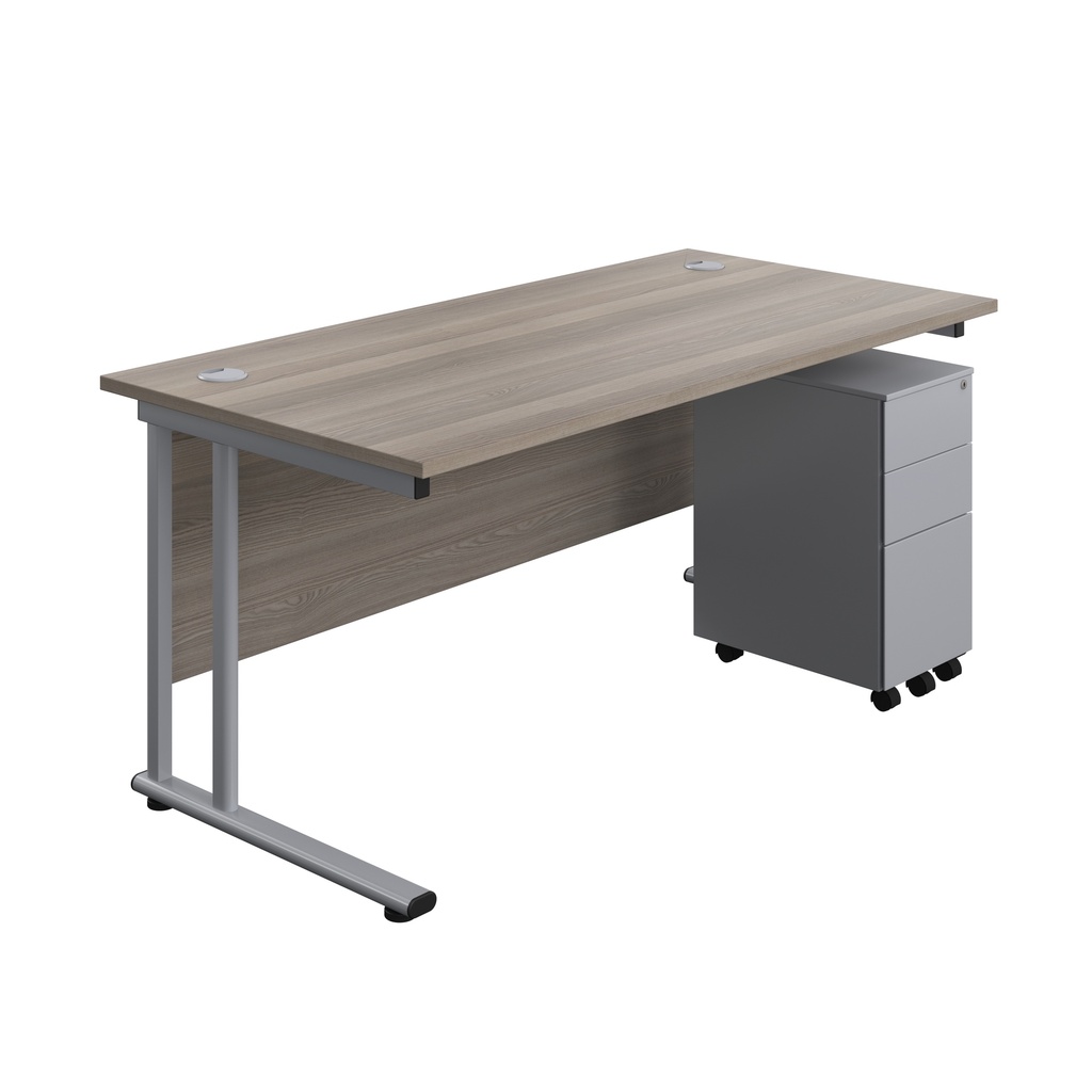 Twin Upright Rectangular Desk + Slimline Steel Pedestal 3 Drawers (FSC) | 1600X800 | Grey Oak/Silver | 