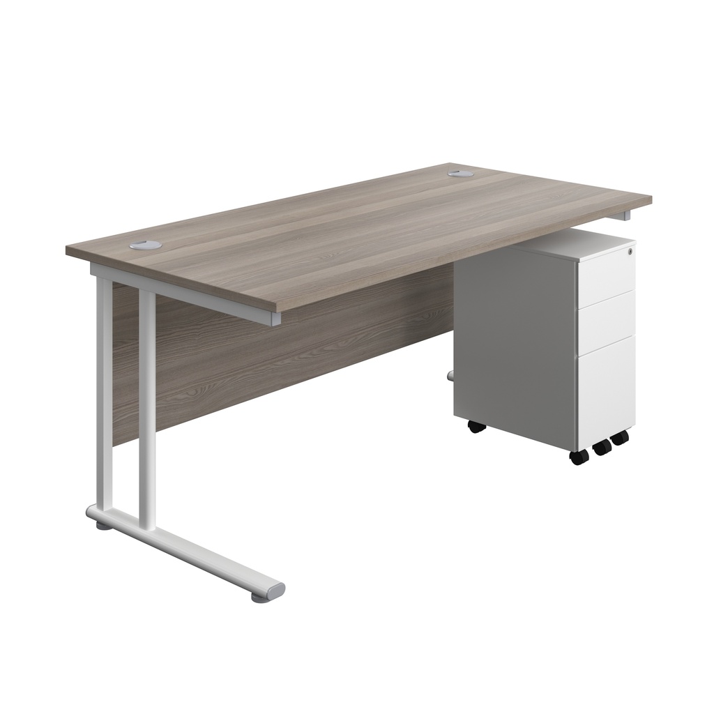 Twin Upright Rectangular Desk + Slimline Steel Pedestal 3 Drawers (FSC) | 1600X800 | Grey Oak/White | 
