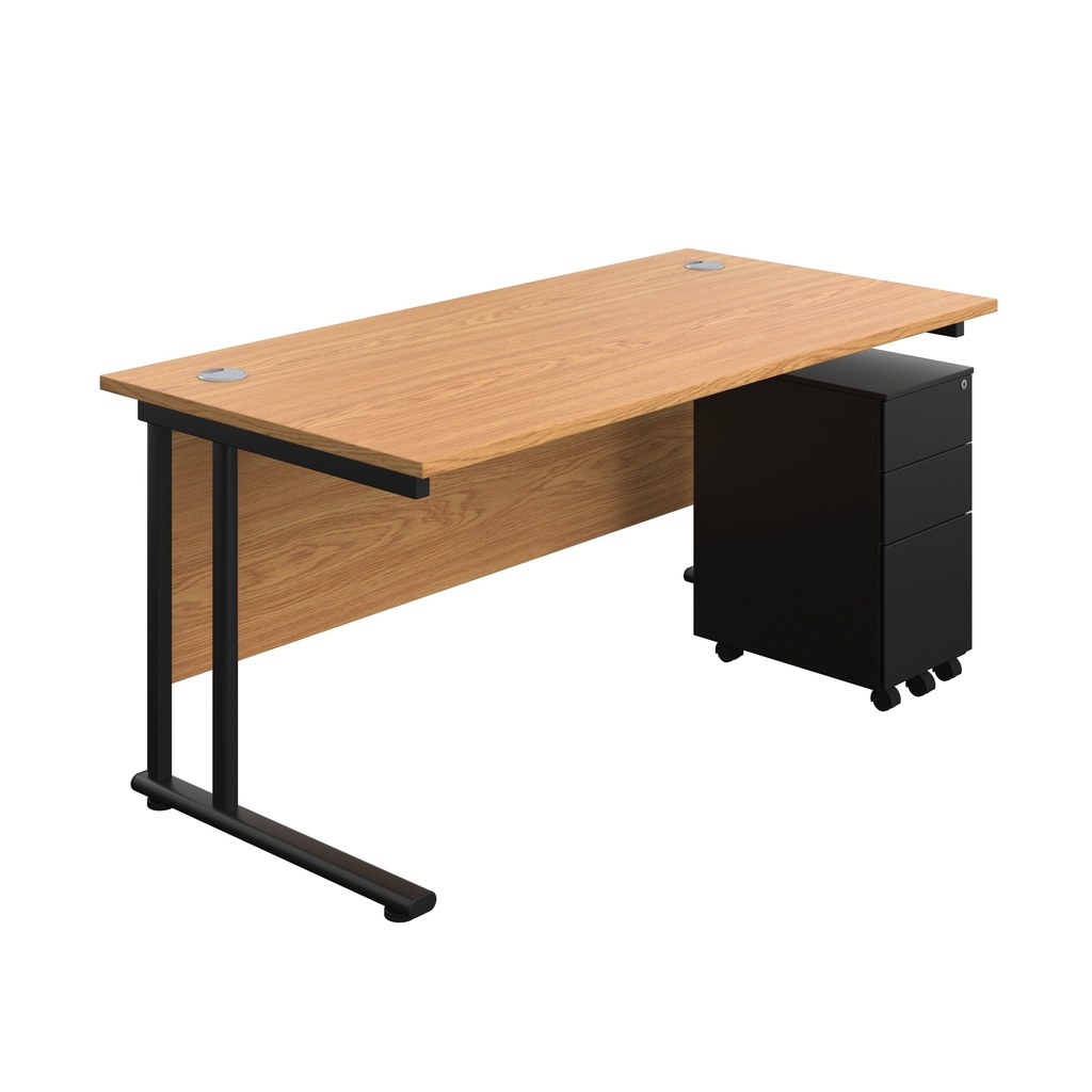 Twin Upright Rectangular Desk + Slimline Steel Pedestal 3 Drawers (FSC) | 1600X800 | Nova Oak/Black | 