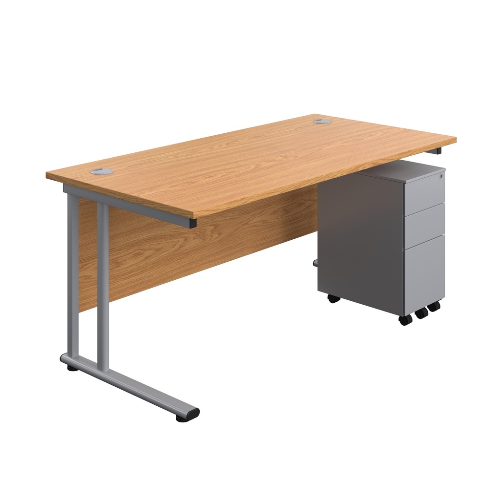Twin Upright Rectangular Desk + Slimline Steel Pedestal 3 Drawers (FSC) | 1600X800 | Nova Oak/Silver | 