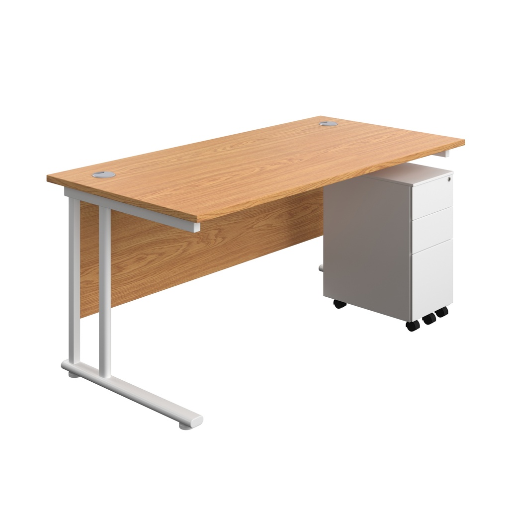 Twin Upright Rectangular Desk + Slimline Steel Pedestal 3 Drawers (FSC) | 1600X800 | Nova Oak/White | 