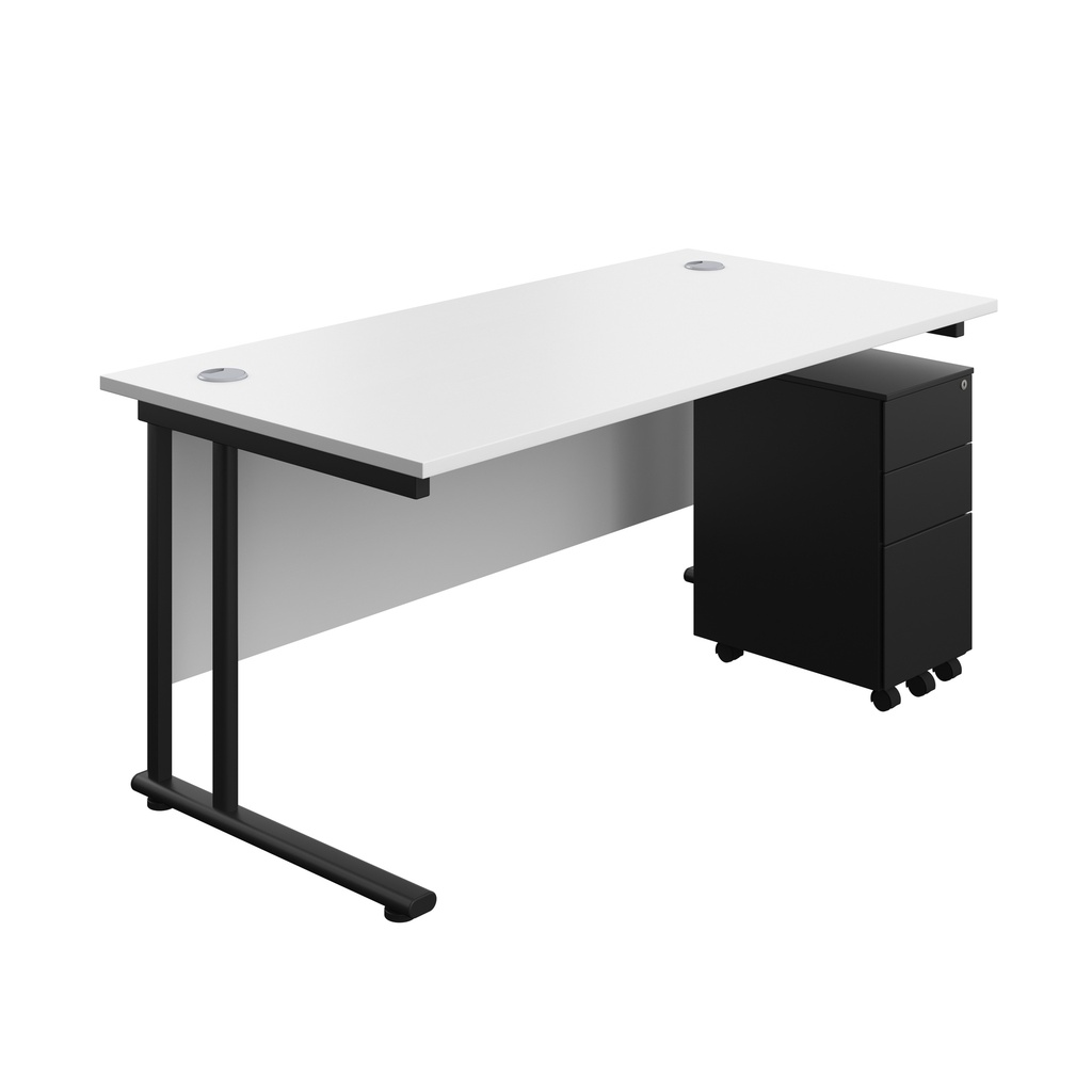 Twin Upright Rectangular Desk + Slimline Steel Pedestal 3 Drawers (FSC) | 1600X800 | White/Black | 