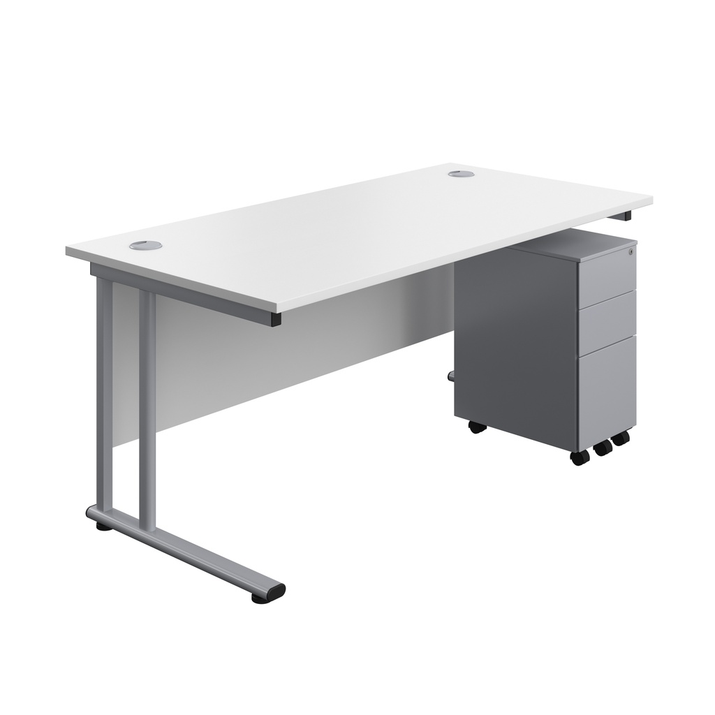 Twin Upright Rectangular Desk + Slimline Steel Pedestal 3 Drawers (FSC) | 1600X800 | White/Silver | 