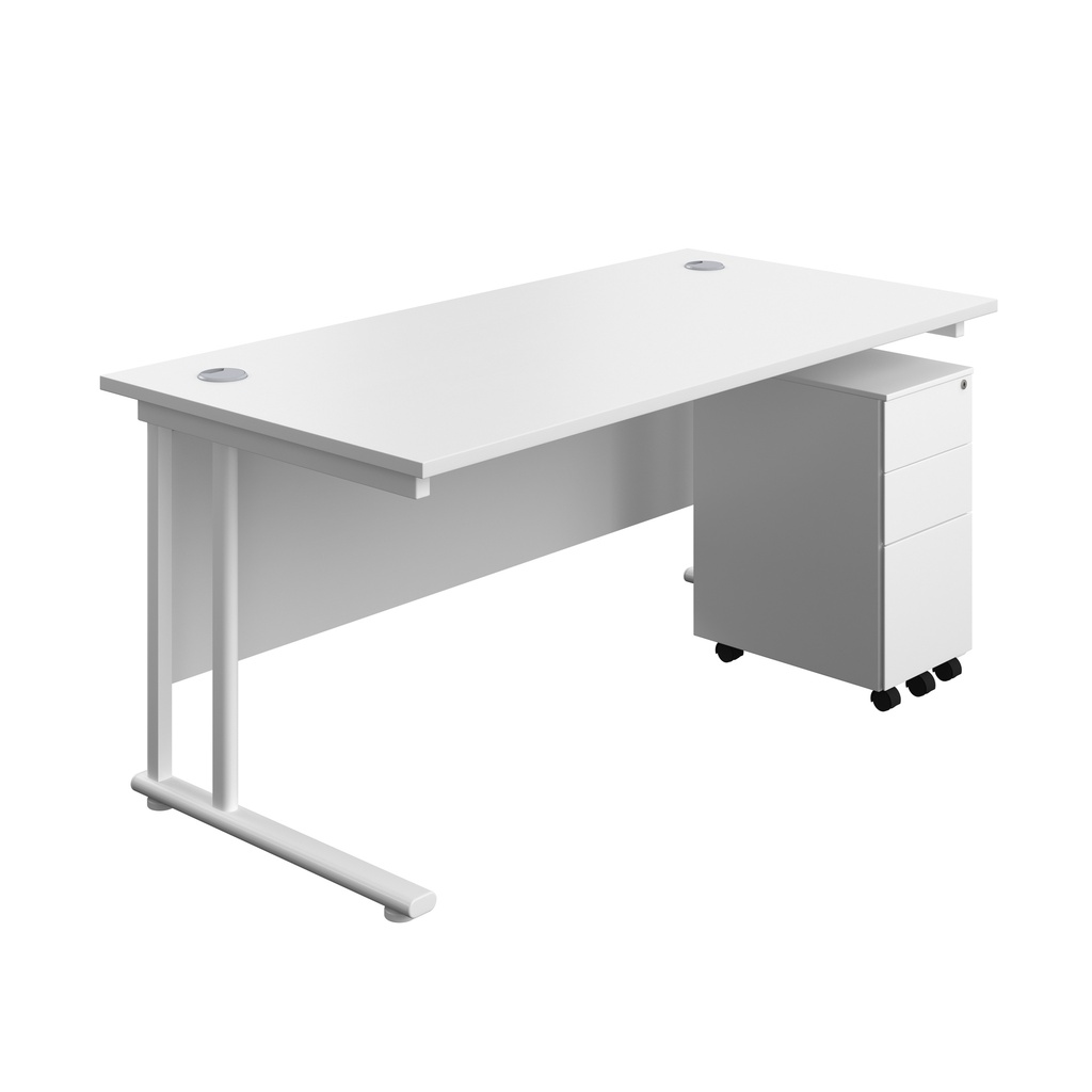 Twin Upright Rectangular Desk + Slimline Steel Pedestal 3 Drawers (FSC) | 1600X800 | White/White | 