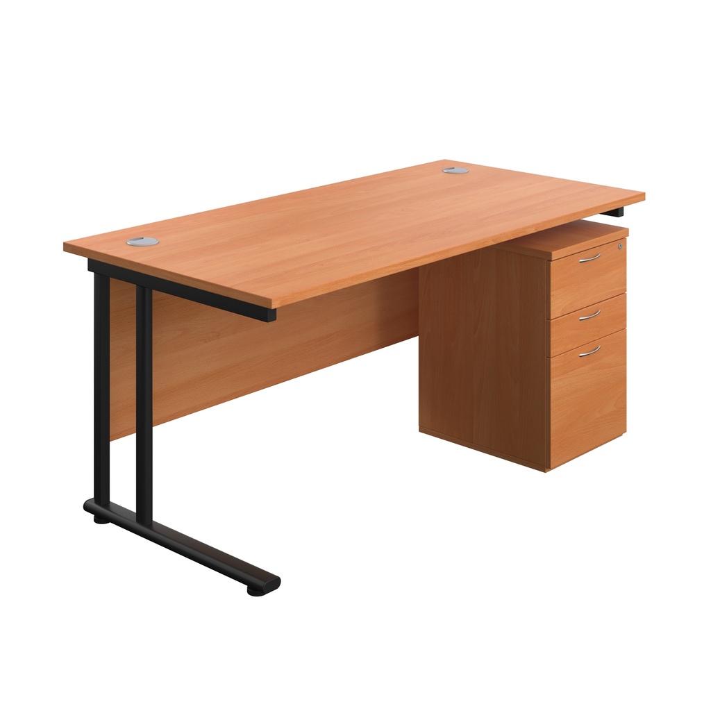 Twin Upright Rectangular Desk + High Mobile Pedestal 3 Drawer (FSC) | 1600X800 | Beech/Black | 