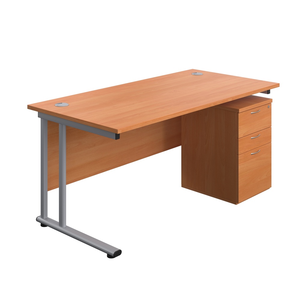 Twin Upright Rectangular Desk + High Mobile Pedestal 3 Drawer (FSC) | 1600X800 | Beech/Silver | 