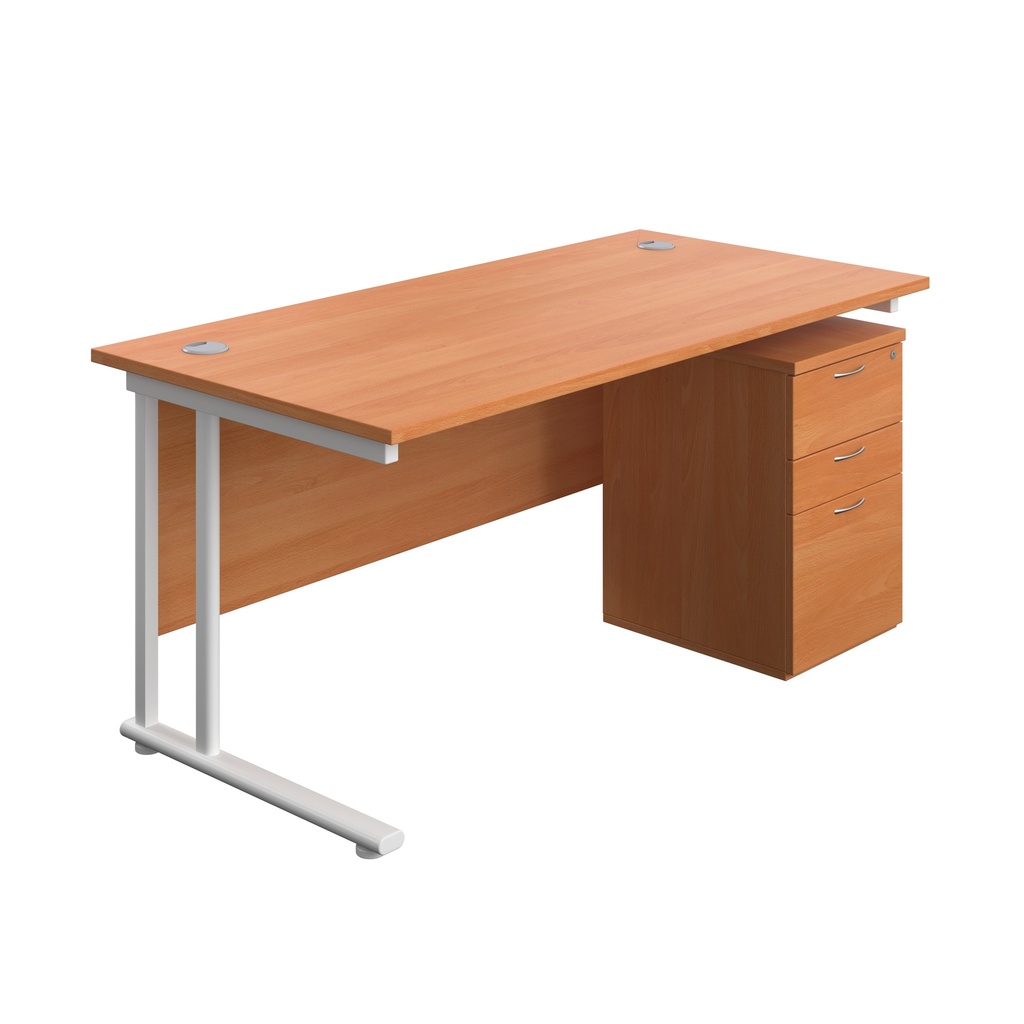 Twin Upright Rectangular Desk + High Mobile Pedestal 3 Drawer (FSC) | 1600X800 | Beech/White | 