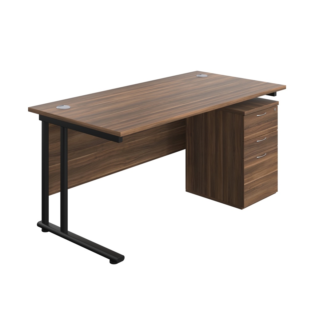 Twin Upright Rectangular Desk + High Mobile Pedestal 3 Drawer (FSC) | 1600X800 | Dark Walnut/Black | 