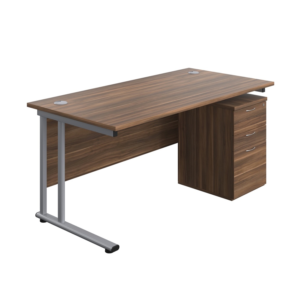 Twin Upright Rectangular Desk + High Mobile Pedestal 3 Drawer (FSC) | 1600X800 | Dark Walnut/Silver | 