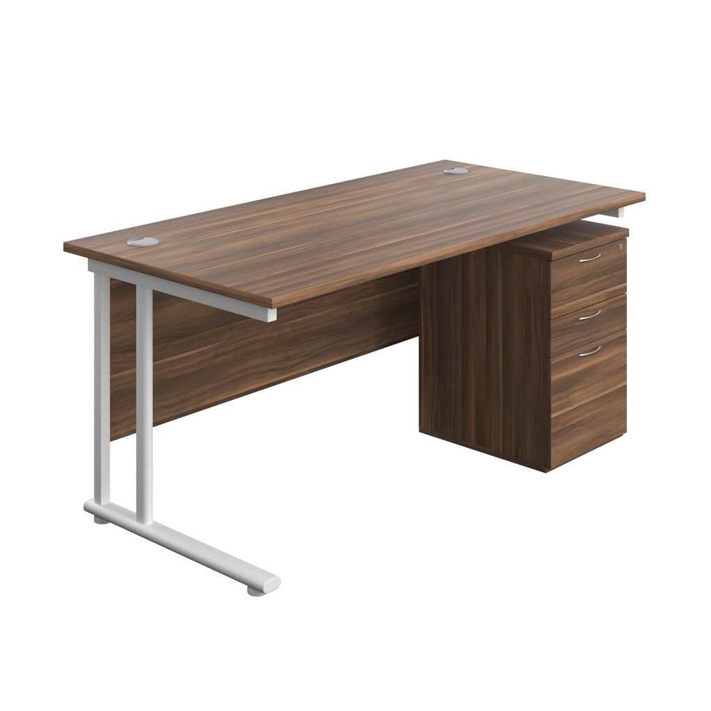 Twin Upright Rectangular Desk + High Mobile Pedestal 3 Drawer (FSC) | 1600X800 | Dark Walnut/White | 