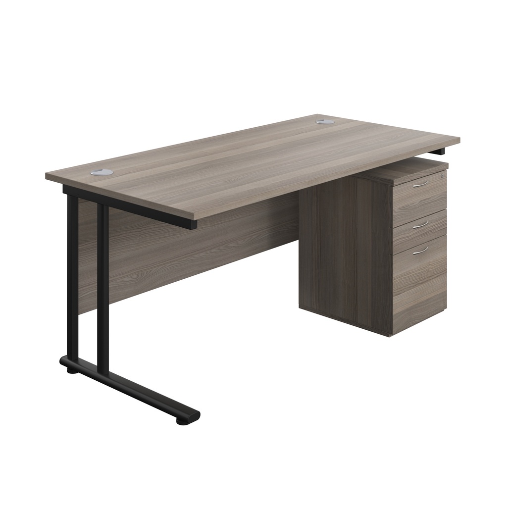 Twin Upright Rectangular Desk + High Mobile Pedestal 3 Drawer (FSC) | 1600X800 | Grey Oak/Black | 