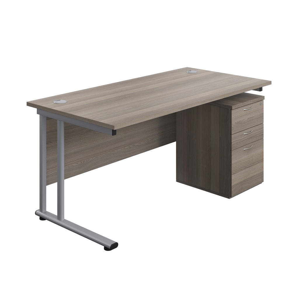Twin Upright Rectangular Desk + High Mobile Pedestal 3 Drawer (FSC) | 1600X800 | Grey Oak/Silver | 