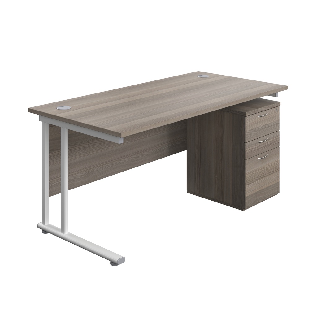 Twin Upright Rectangular Desk + High Mobile Pedestal 3 Drawer (FSC) | 1600X800 | Grey Oak/White | 