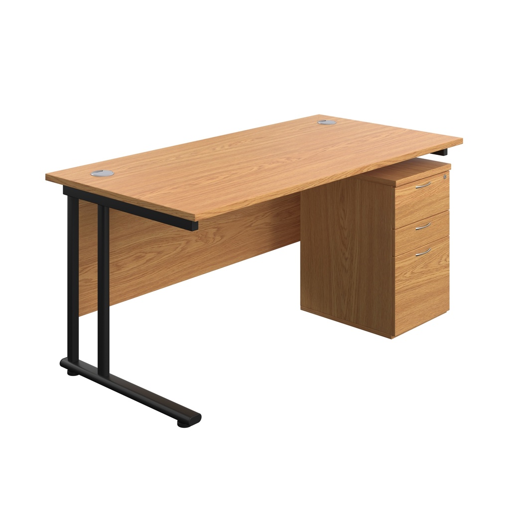 Twin Upright Rectangular Desk + High Mobile Pedestal 3 Drawer (FSC) | 1600X800 | Nova Oak/Black | 